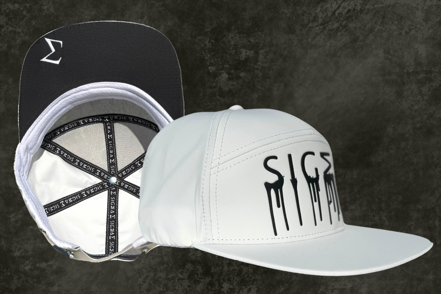 White Hat w Slate Drip. Cool, Stylish and On-point. Elevate with the SIGMA Hat.