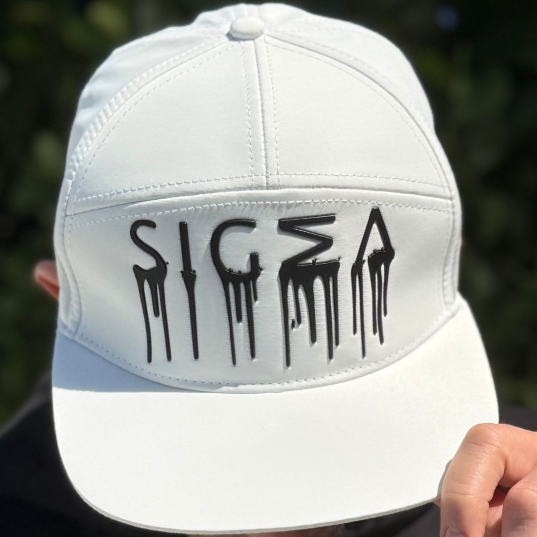 White Hat w Slate Drip. Cool, Stylish and On-point. Elevate with the SIGMA Hat.