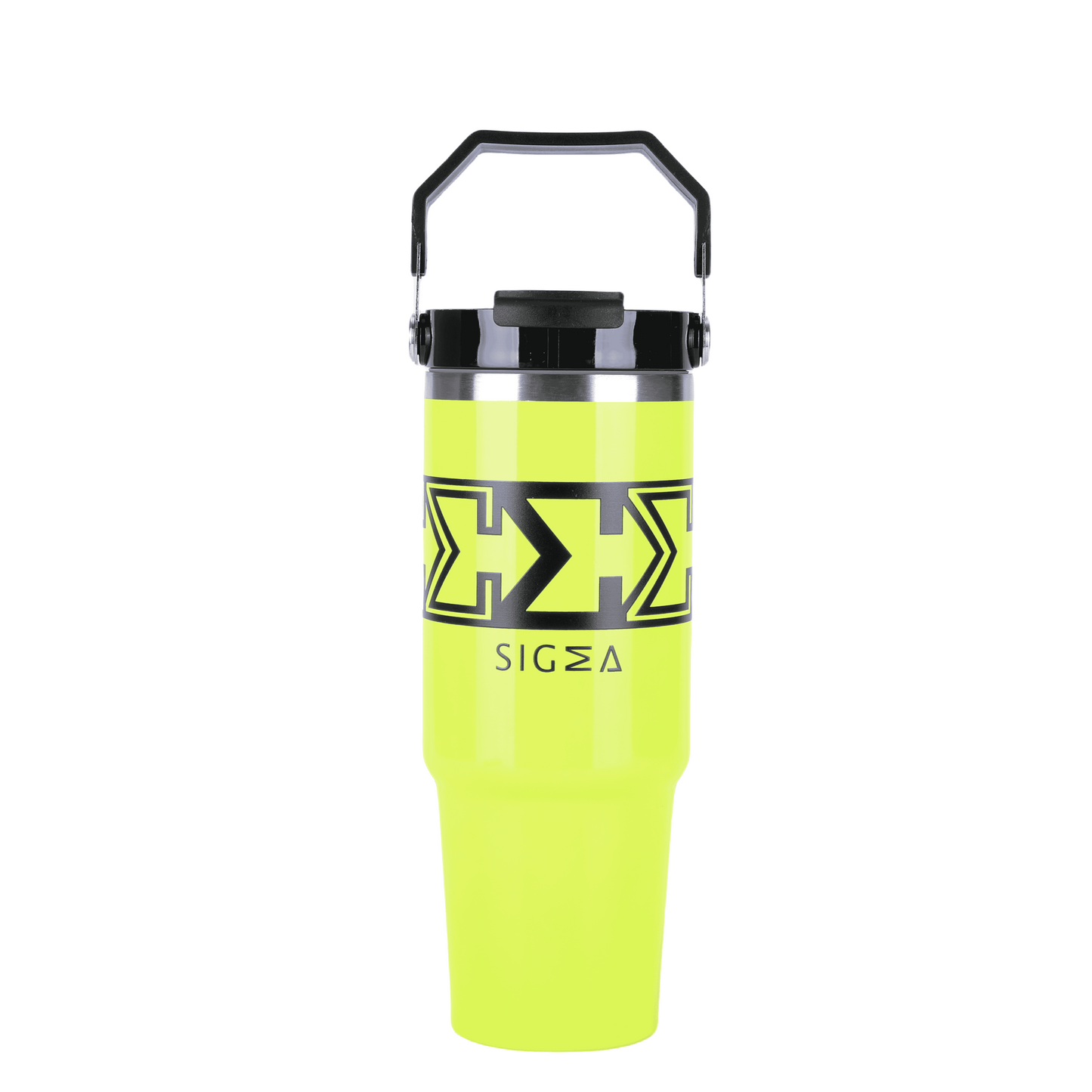 Amp Yellow Sigma Chill Jug – 30oz, bold design, dual purpose lid, leak-proof, and keeps drinks icy cold. Perfect for gym, sports, school, hanging out or on-the-go.