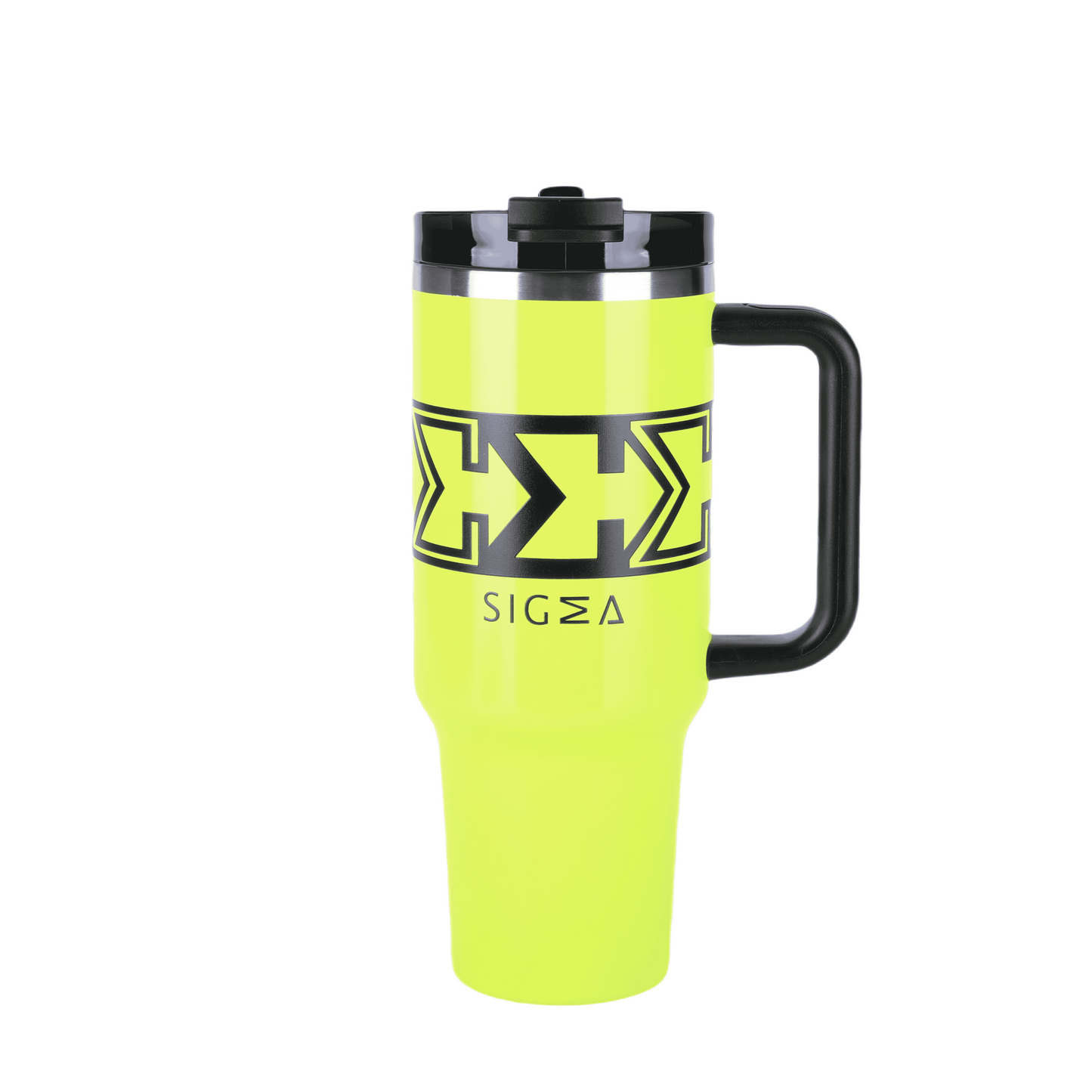 Amp Yellow Sigma Chill Jug – 40oz, bold design, dual purpose lid, leak-proof, and keeps drinks icy cold. Perfect for gym, sports, school, hanging out or on-the-go.