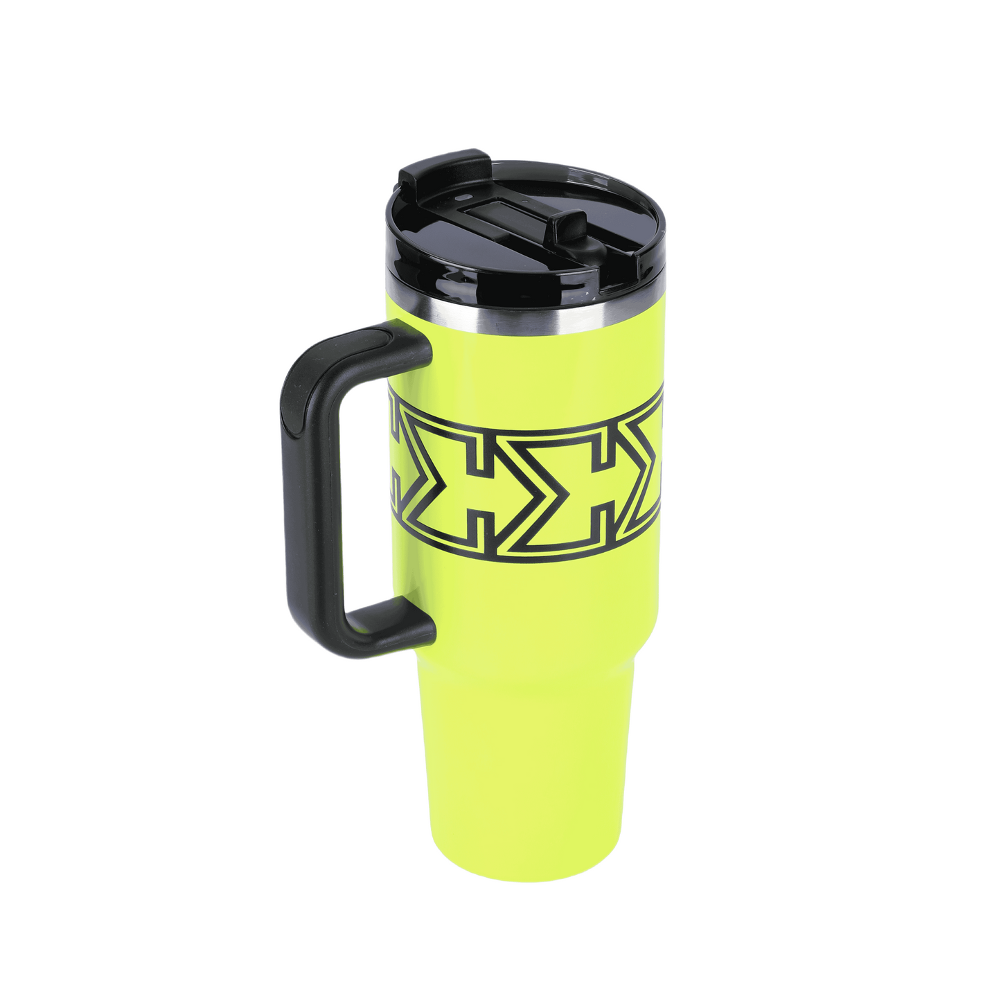 Amp Yellow Sigma Chill Jug – 40oz, bold design, dual purpose lid, leak-proof, and keeps drinks icy cold. Perfect for gym, sports, school, hanging out or on-the-go.